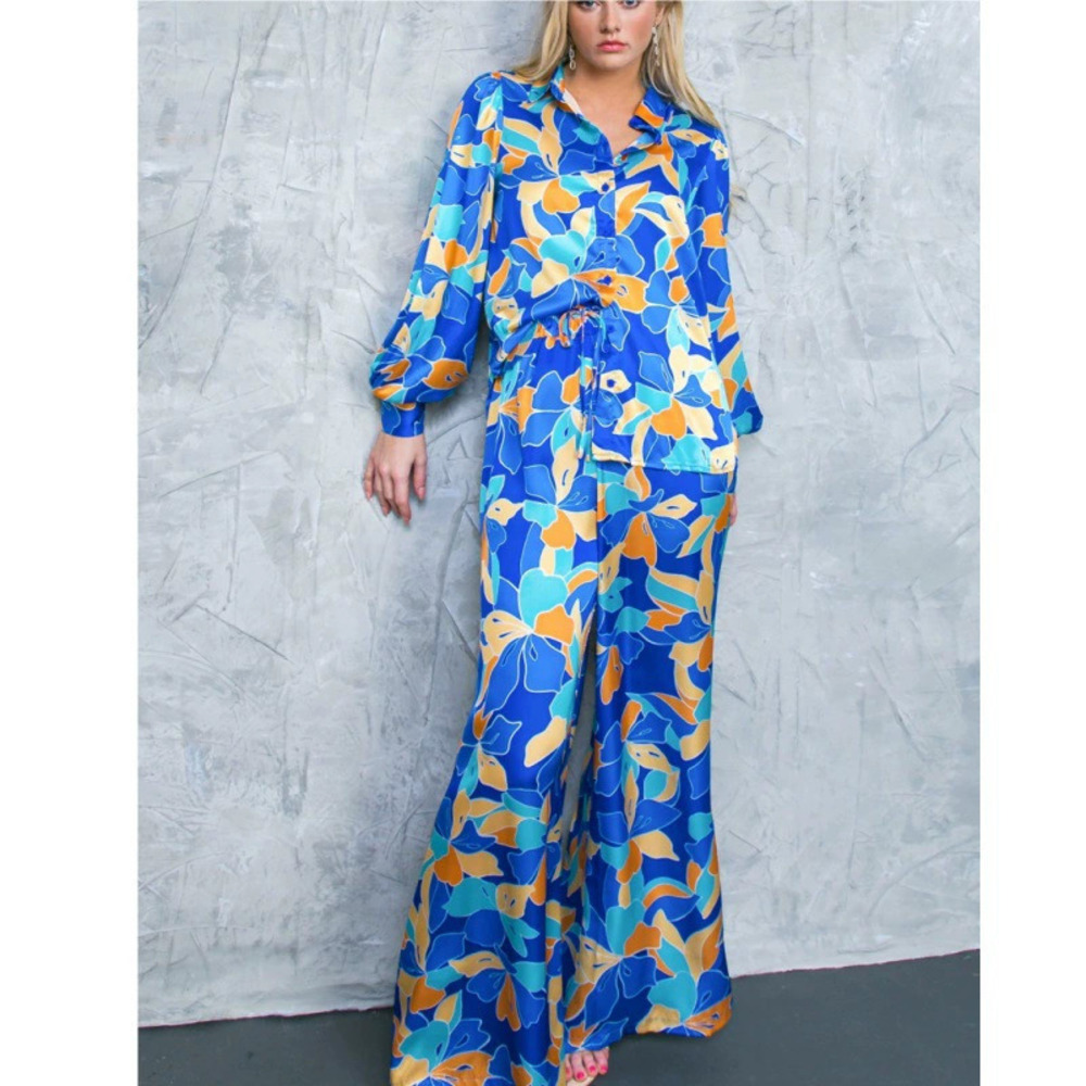 Forever 21 Print Bubble Sleeve Shirt and Tie Waist Wide-Leg Pants 2-Piece Set